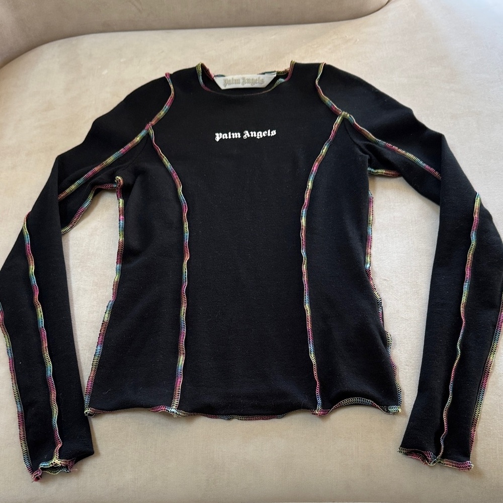Palm Angels Black Long Sleeve Top with Multicolor Trim